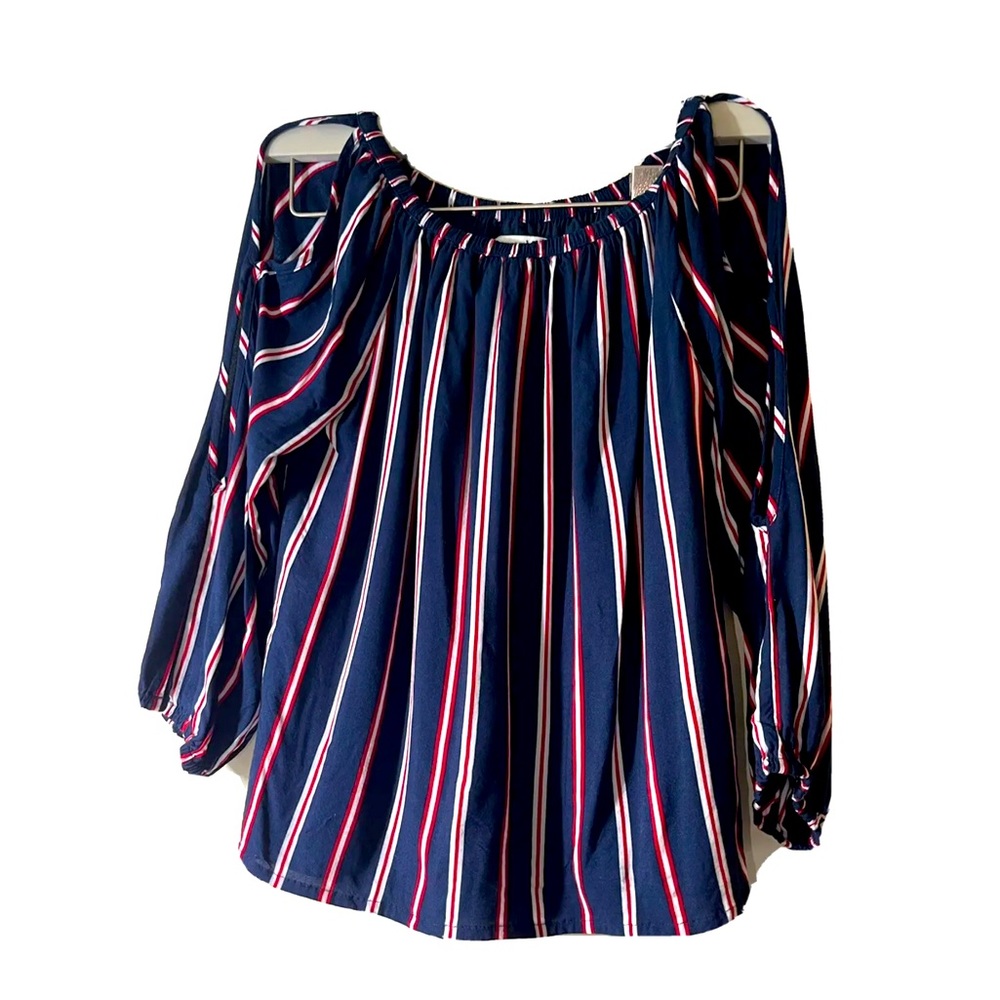 Abercrombie Kids Girls Blouse 11/12 Stripe Blue White Cold Shoulder Long Sleeve